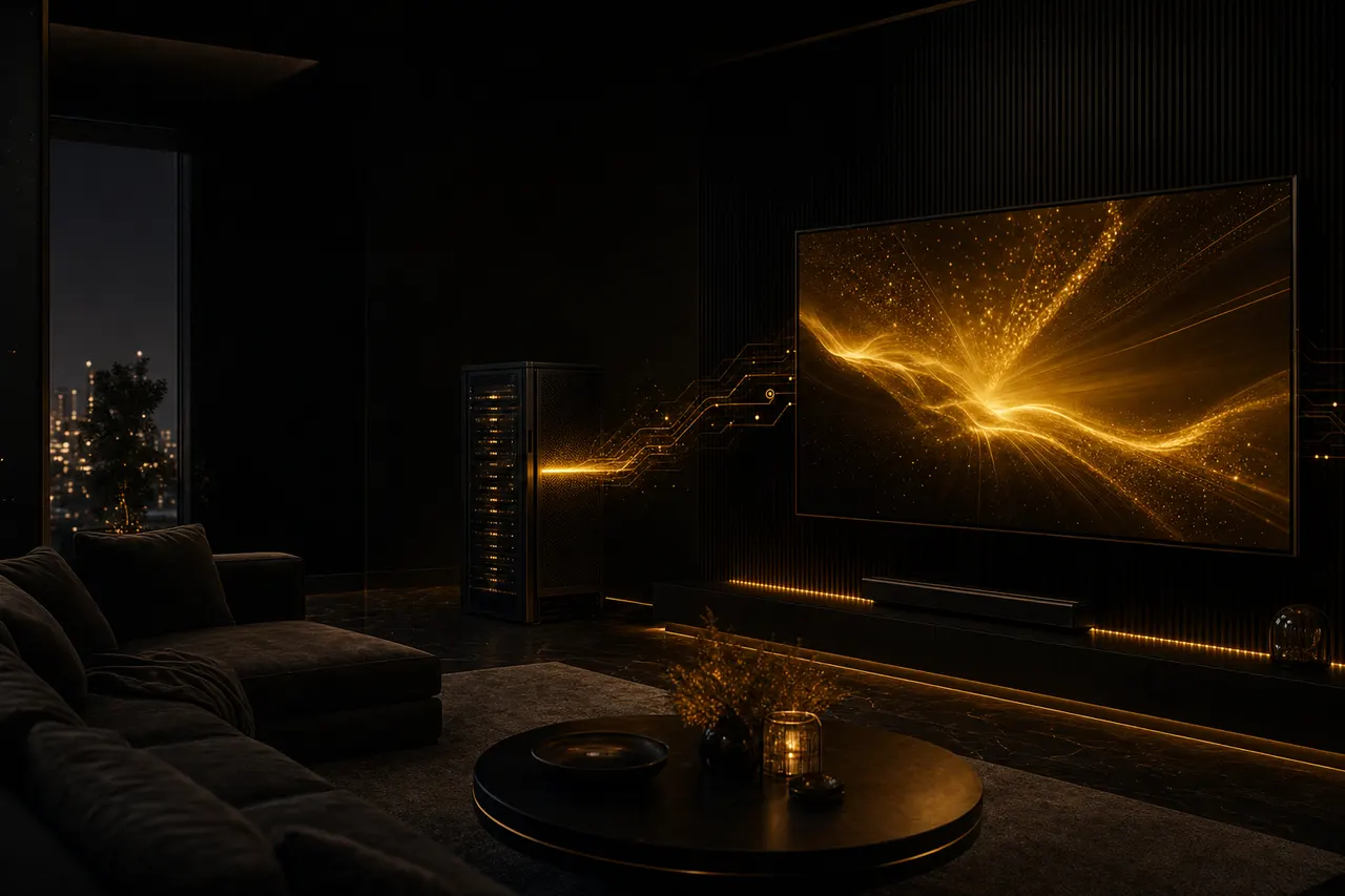 Un salón de cine en casa alimentado por un servidor seedbox con un cable de datos dorado