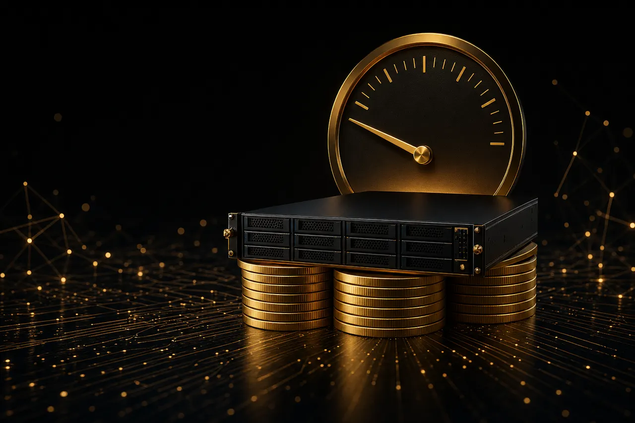 Un servidor seedbox sobre monedas de oro, con el indicador de precio al mínimo