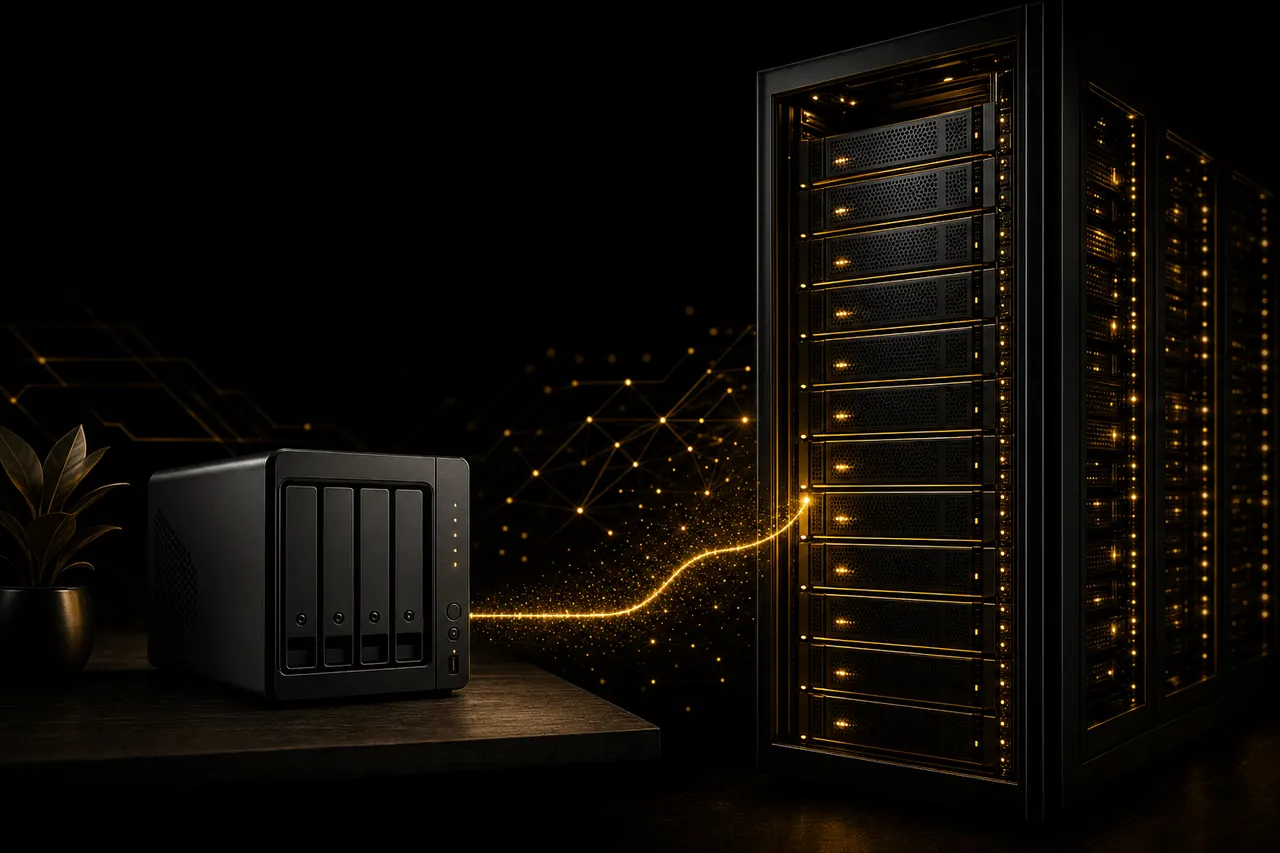 Un NAS doméstico frente a un rack de centro de datos, unidos por un hilo dorado