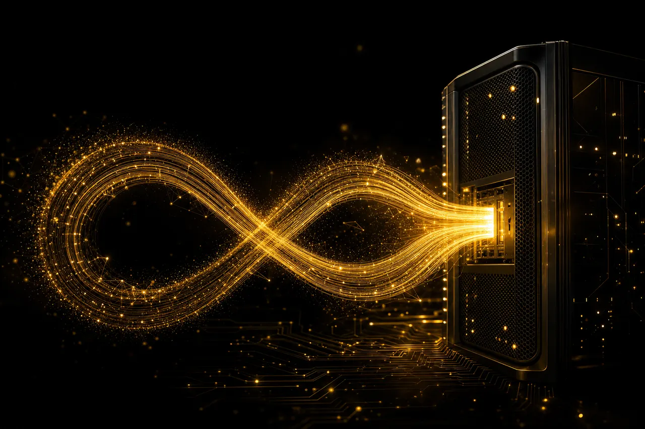 Flujos de datos dorados que forman un infinito al salir de un servidor